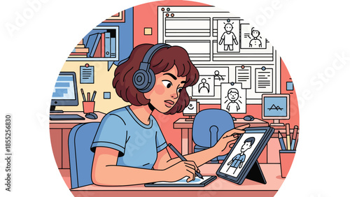 Modern flat vector illustration of animator working on character designs and storyboard in animation studio, ideal for animation and creative media themes