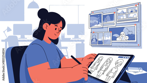 Modern flat vector illustration of animator working on character designs and storyboard in animation studio, ideal for animation and creative media themes