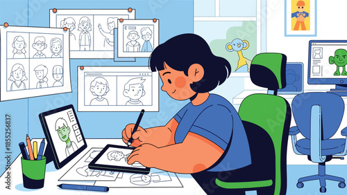 Modern flat vector illustration of animator working on character designs and storyboard in animation studio, ideal for animation and creative media themes