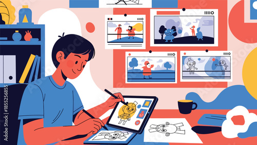 Modern flat vector illustration of animator working on character designs and storyboard in animation studio, ideal for animation and creative media themes