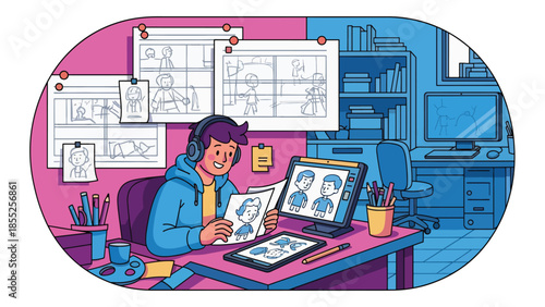 Modern flat vector illustration of animator working on character designs and storyboard in animation studio, ideal for animation and creative media themes
