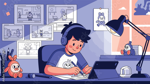 Modern flat vector illustration of animator working on character designs and storyboard in animation studio, ideal for animation and creative media themes