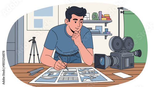 Modern flat vector illustration of filmmaker planning shots with storyboard and camera in studio, ideal for film production and storytelling visuals