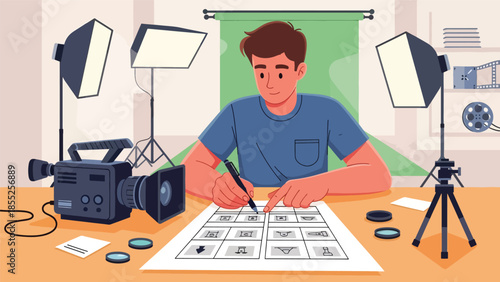 Modern flat vector illustration of filmmaker planning shots with storyboard and camera in studio, ideal for film production and storytelling visuals