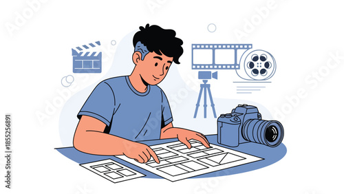 Modern flat vector illustration of filmmaker planning shots with storyboard and camera in studio, ideal for film production and storytelling visuals