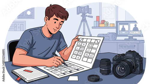 Modern flat vector illustration of filmmaker planning shots with storyboard and camera in studio, ideal for film production and storytelling visuals