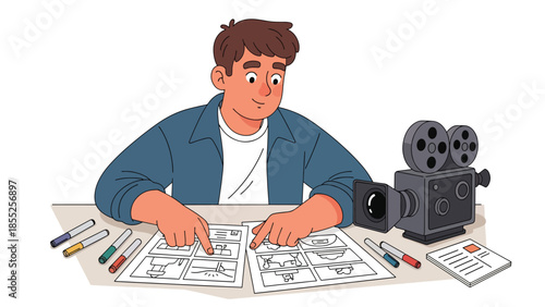 Modern flat vector illustration of filmmaker planning shots with storyboard and camera in studio, ideal for film production and storytelling visuals