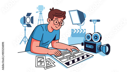Modern flat vector illustration of filmmaker planning shots with storyboard and camera in studio, ideal for film production and storytelling visuals