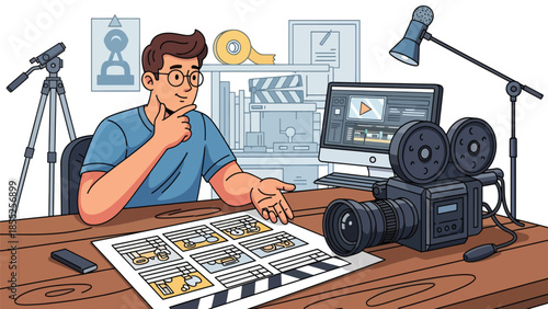 Modern flat vector illustration of filmmaker planning shots with storyboard and camera in studio, ideal for film production and storytelling visuals