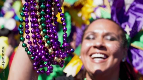 Vibrant mardi gras celebration with colorful beads in festive parade atmosphere. concept of joyful festival, new orleans tradition, cultural celebration