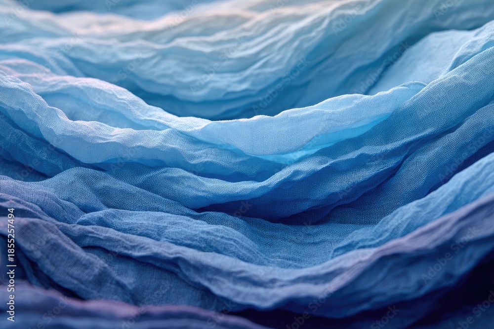Obraz premium Close-up of layered, flowing fabric with shades of blue, creating a textured, abstract wave-like pattern