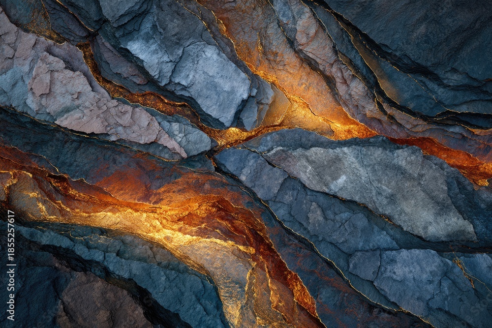 Fototapeta premium Abstract overhead view, layered dark gray stone with fiery gold veins