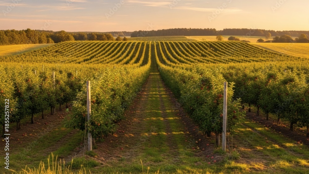Fototapeta premium Lush apple orchard at sunset with rows of trees and green grass for Apple Tree Day