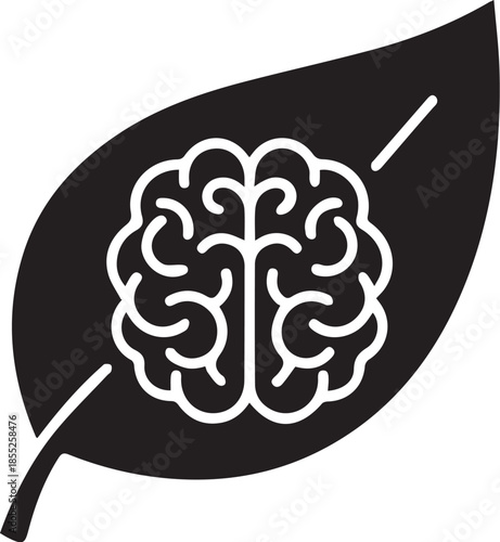  silhouette vector icon of brain inside a calming leaf shape on white background