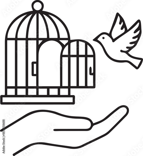 simple line vector icon of a bird flying out of an open cage or open hand on white background