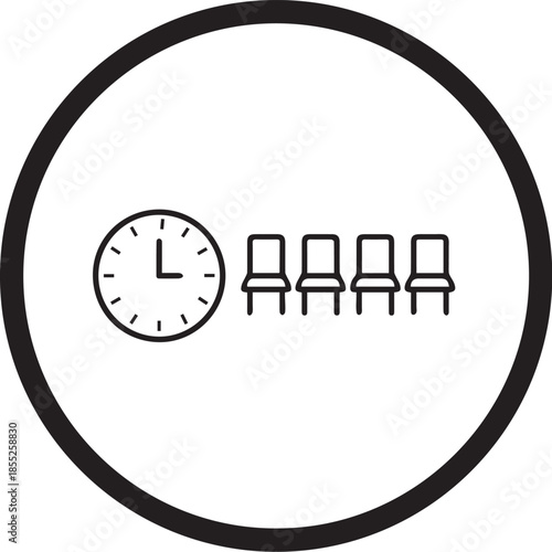 simple line vector icon of a clock face next to a row of simple chair shapes on white background