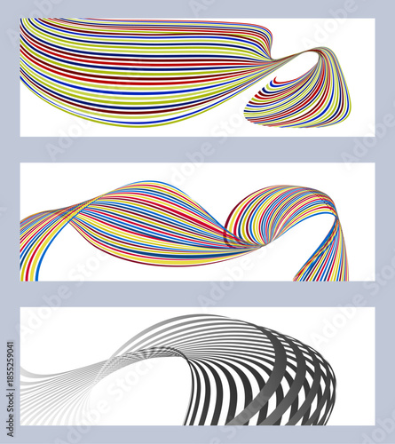 Wavy lines or ribbons. Set of 3 backgrounds. Multicolored striped gradient. Creative unusual background with abstract gradient wave lines to create a trendy banner, poster. vector eps