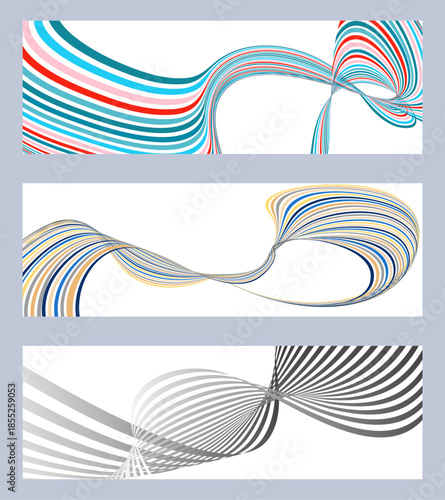 Wavy lines or ribbons. Set of 3 backgrounds. Multicolored striped gradient. Creative unusual background with abstract gradient wave lines to create a trendy banner, poster. vector eps