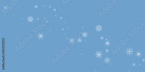 White delicate, lacy snowflakes are carried by the wind against a blue background. Christmas or New Year's background. Vector