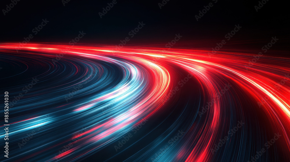 Fototapeta premium futuristic hyperspace tunnel surging with crimson blue light trails curving dynamically into neon abyss perfect for sci-fi wallpaper or tech banner backdrop