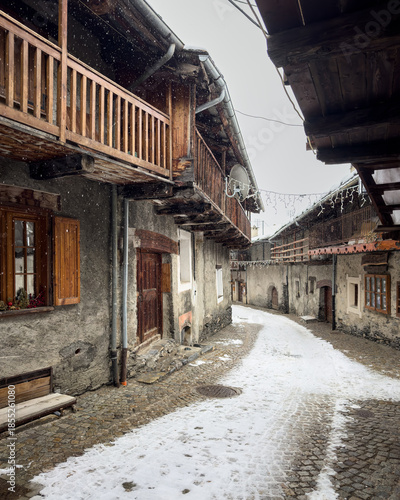 View of Chianale during winter season, one of the most beautiful alpine villages in Piedmont region, Italy
