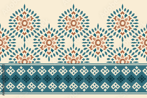 Ikat floral paisley embroidery seamless pattern. Ikat ethnic flower oriental pattern traditional. Motifs African boho. Ethnic ikat floral Border Indian floral Aztec embroidery border