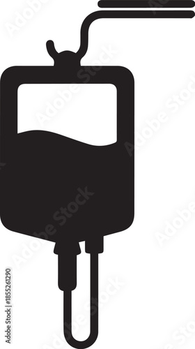 simple silhouette vector icon of a IV bag hanging from a hook on white background