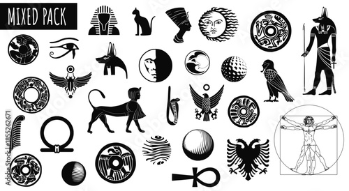 Ancient Symbols Collection: A collection of various ancient symbols, including those from Egypt and other cultures, presented in an artistic design.