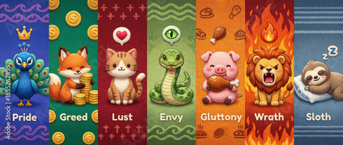 Seven deadly sins concept, pride, greed, lust, envy, gluttony, wrath, sloth cartoon animal characters knit style illustration for children book. Banner with copy space