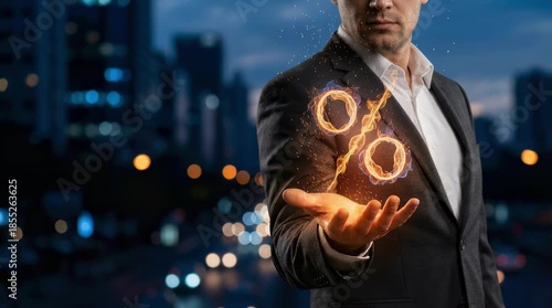 Businessman’s Hand with Fire Percent Sign. Business Concept of Growth, Finance, Investment, and Hot Offer