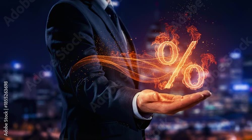 Businessman’s Hand with Fire Percent Sign. Business Concept of Growth, Finance, Investment, and Hot Offer