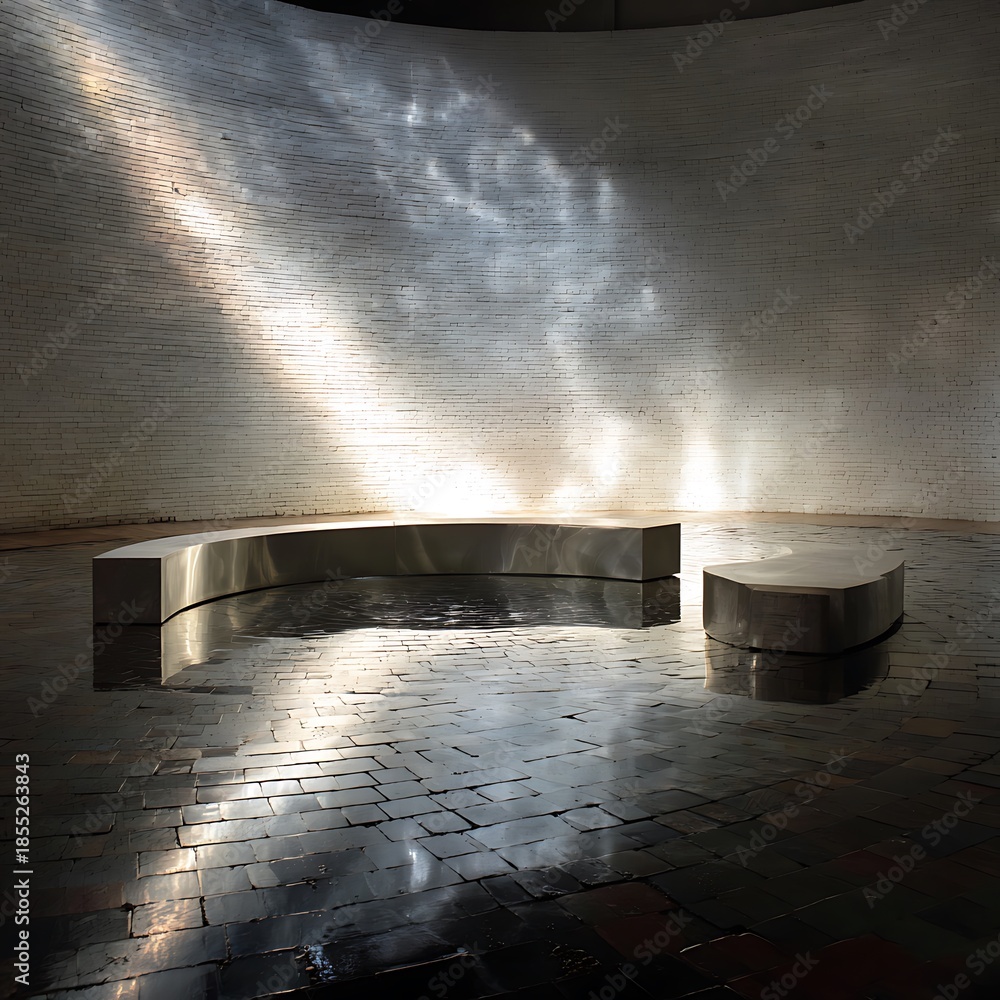 Obraz premium Modern indoor water feature with reflective surfaces