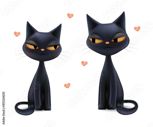 Magic cats couple in love, 3d Halloween devil cute characters. Black friday 13th, valentine animal card. Girl kitty smiling, funny sitting sticker. Heart shape flying in white bg, adorable sight