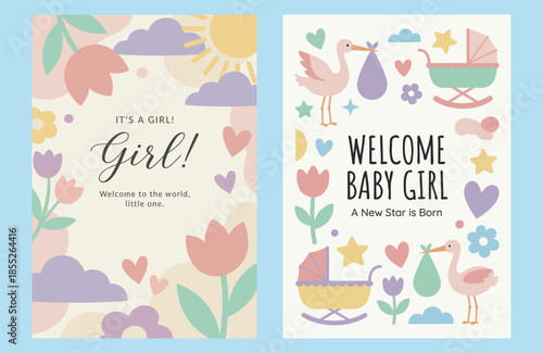 Set of baby girl greeting cards: Welcome to the world announcement with flowers and storks