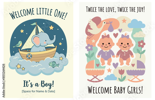 Set of baby shower cards: It's a Boy with cute elephant and Welcome Twin Girls