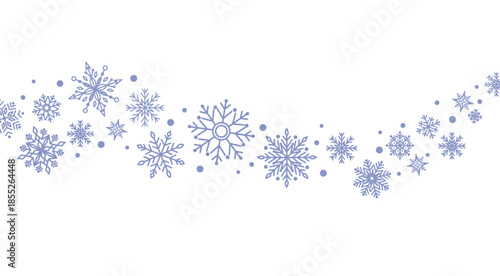 Elegant blue snowflake wave border with swirling lines on white background for winter holidays