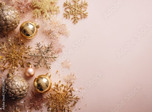 beige christmas background with golden decorations and snowflakes