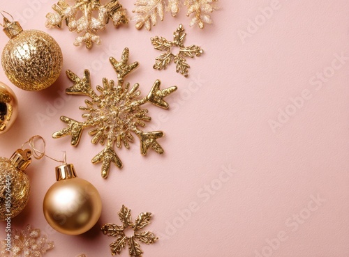 beige christmas background with golden decorations and snowflakes