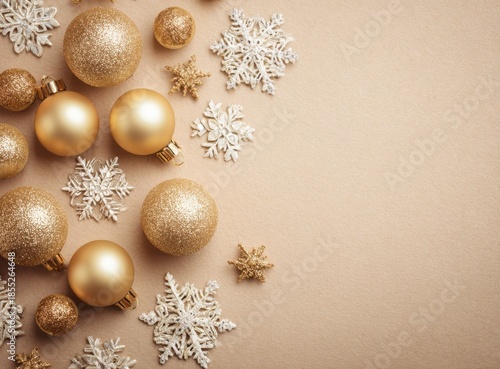 beige christmas background with golden decorations and snowflakes