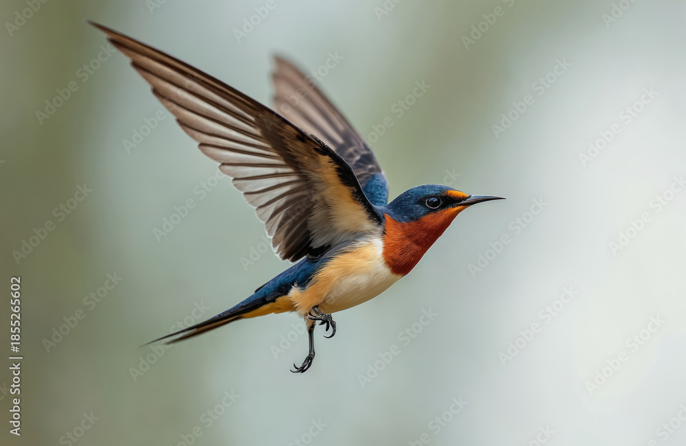 Fototapeta premium Barn swallow bird mid flight. Small songbird with blue black plumage and orange red throat. Wings spread, tail long, flying near nesting tunnel. Nature wildlife fauna.