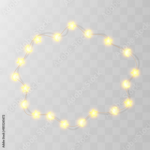 Light Xmas frame string, fairy star bulb garland. Merry chirstmas glitter wreath png, festoon ball vector decor. Christmas 3d warm shine isolated, noel lamp line element, gold bokeh wedding decoration