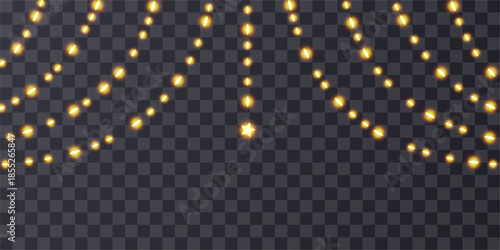 Light bulb hanging curtain, sky chirstmas star garland. Christmas fairy string decor bg, festoon png vector. White gold isolated new year chain, xmas glitter. Wedding frame, winter night header lamps