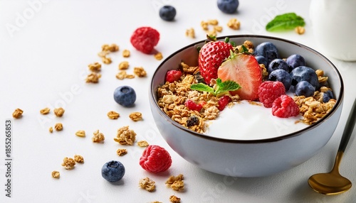 healthy breakfast bowl with granola yogurt and fresh berries on white background
