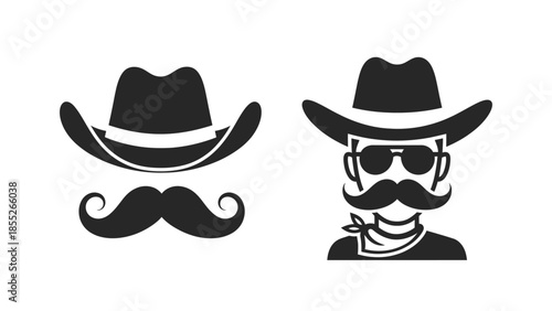 Two cowboy hat icons one with a mustache and face in black and white