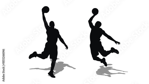 Silhouettes of basketball players in action capturing dynamic jumping shots
