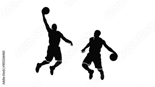 Silhouettes of basketball players in action dribbling and preparing to shoot