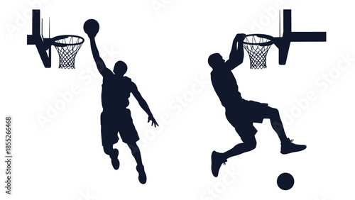 Silhouettes of basketball players in action shooting hoops and dribbling