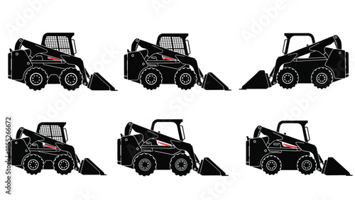 Black and white illustrations of skid steer loaders in various perspectives
