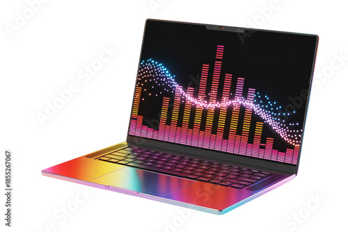 Laptop with colorful graph on screen in futuristic neon lighting on rainbow metallic surface for technology advertising