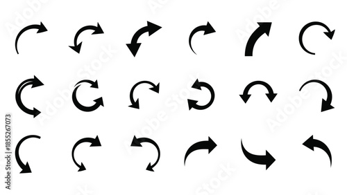 Collection of various black arrow and circular rotation symbols displayed on white